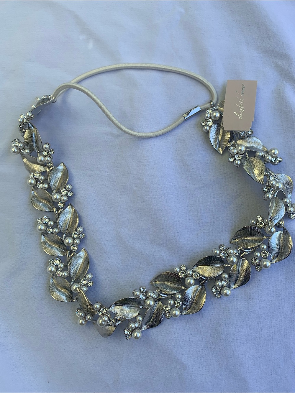 Elizabeth  Bower Silver Leaf & Pearl Elastic Headband